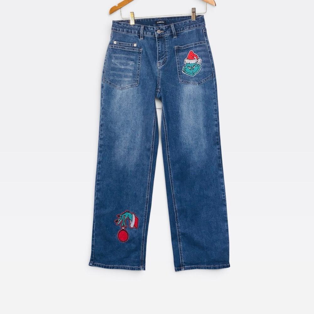 Flamingals Womans Holiday Jeans With Grinch Patch - M